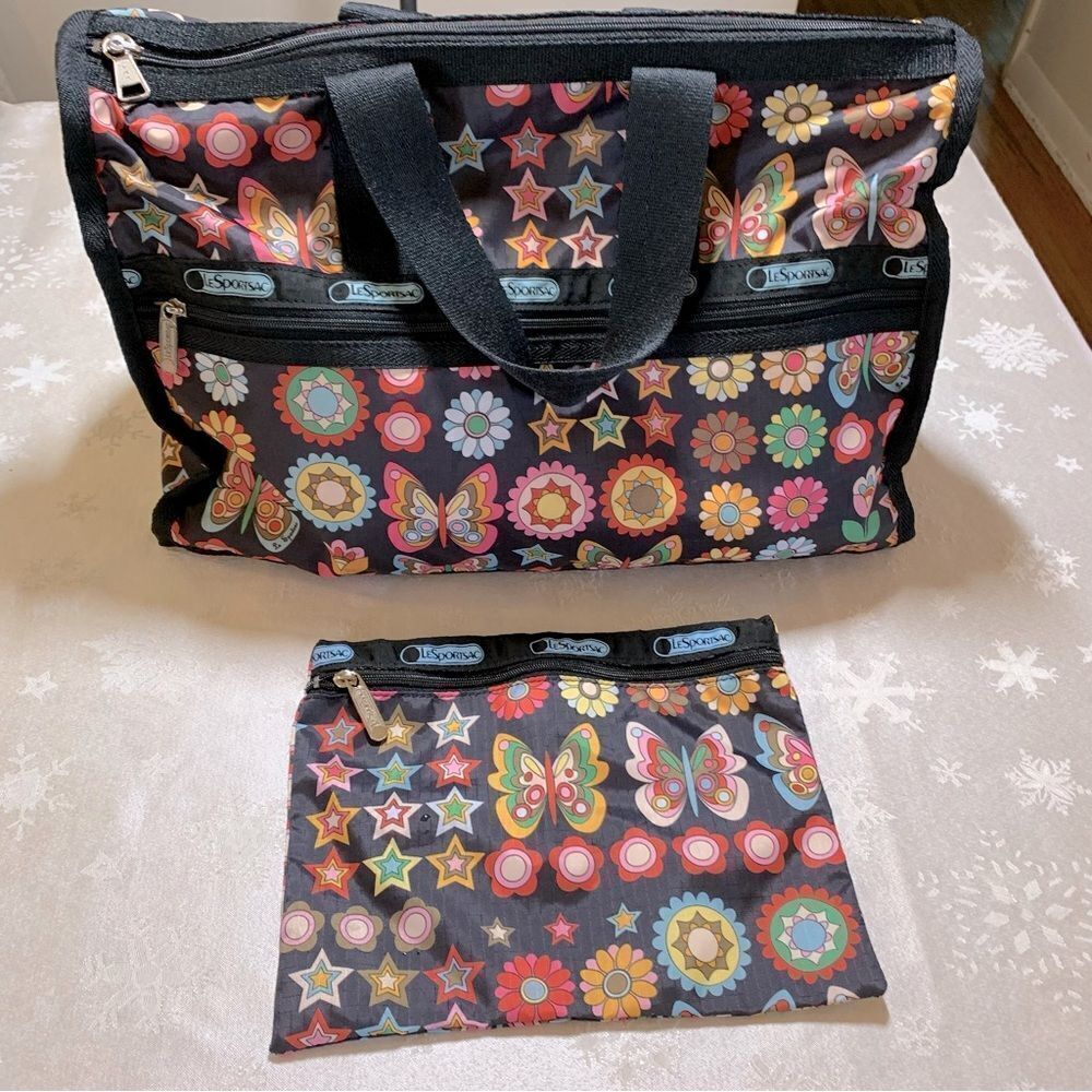 Large Lesportsac Tote Shopper & Makeup Bag Butterfly & Floral Zip Closure